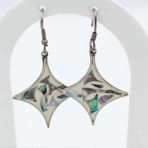 Abalone shell inlay on white background Mexico dangle earrings